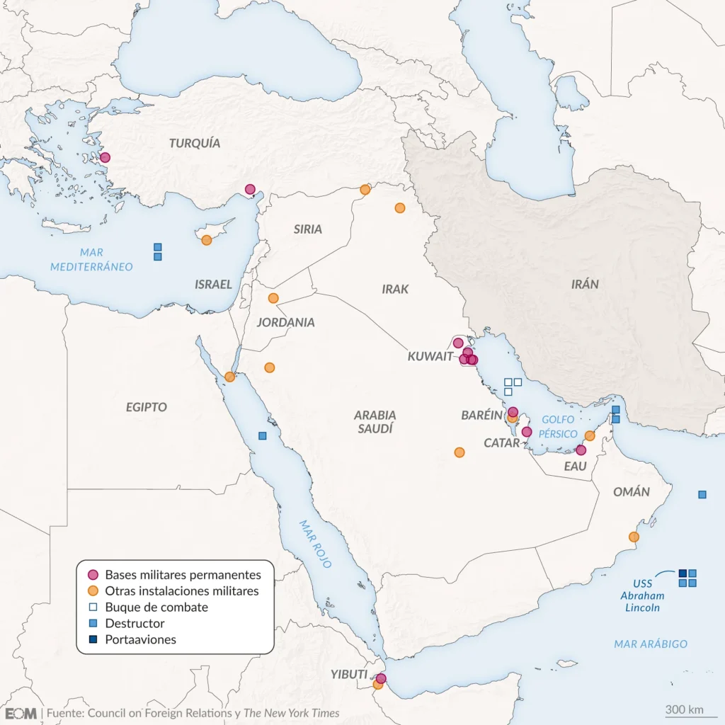 Mapa con las Bases Militares en Oriente Medio